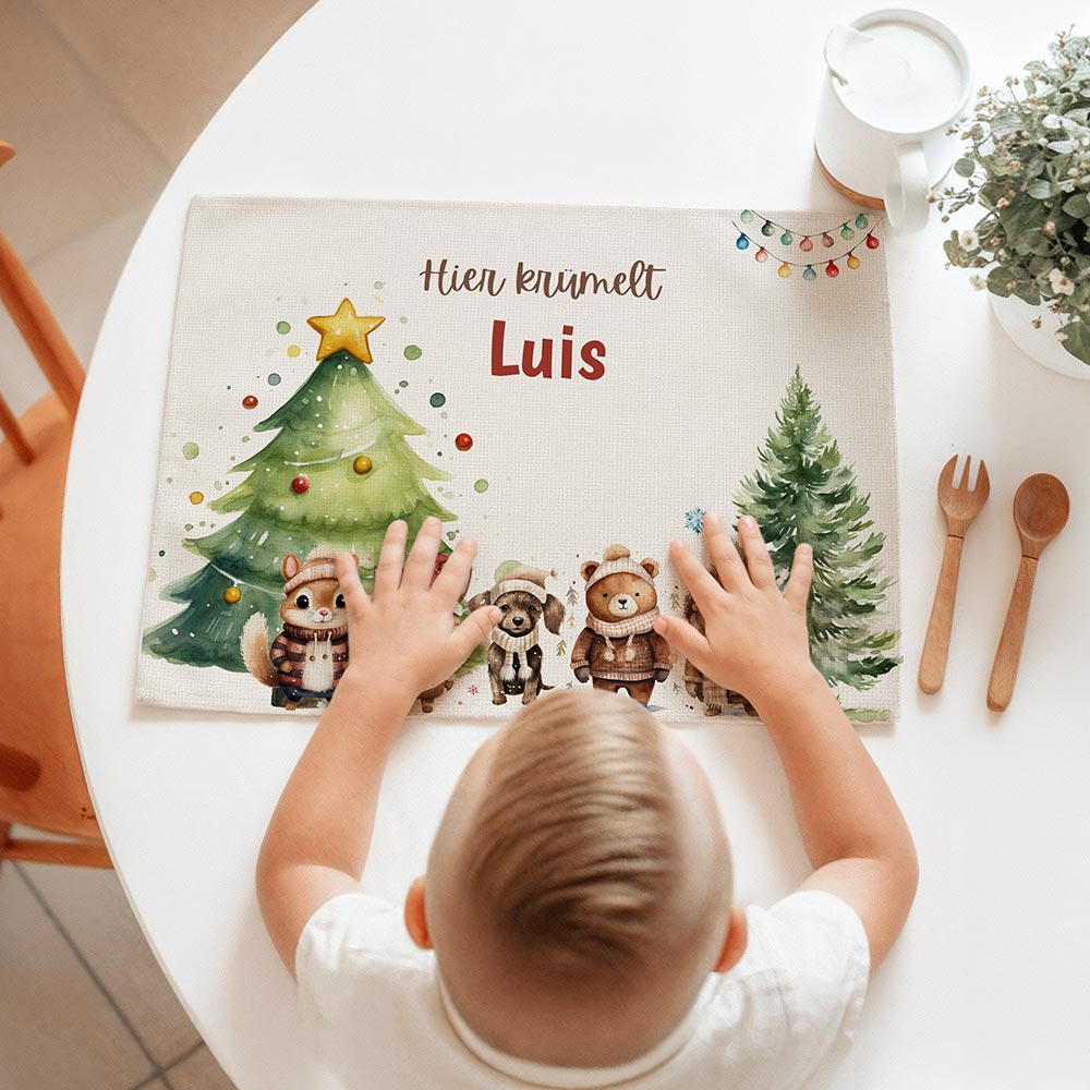 Tischset Kinder personalisiert Weihnachtsmotiv - Freundliche Waldbewohner