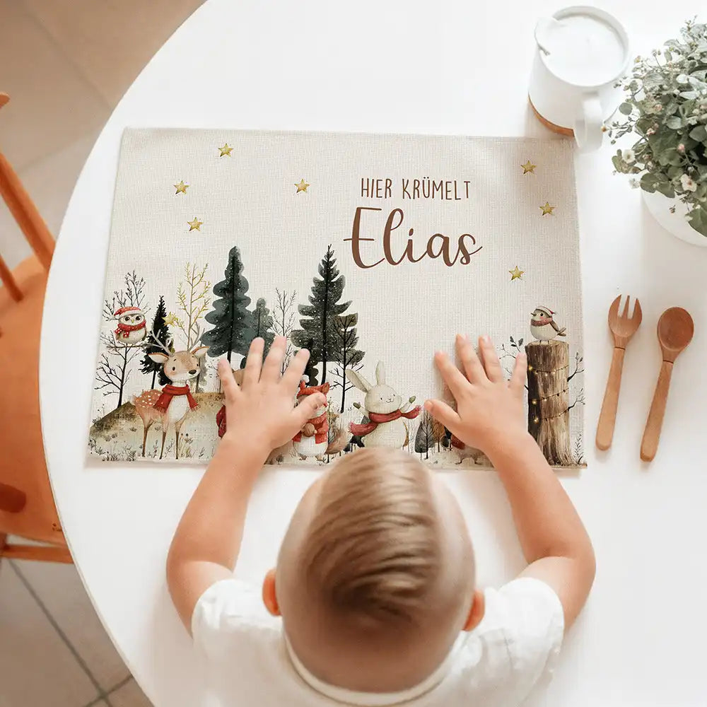 Tischset Kinder personalisiert Weihnachtsmotiv - Festliche Tierchen im Schnee