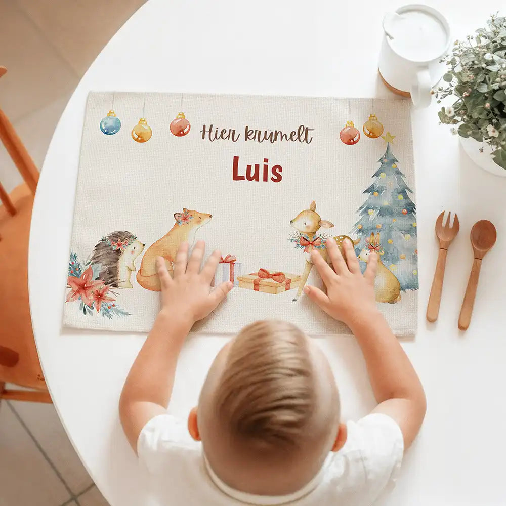 Tischset Kinder personalisiert Weihnachtsmotiv - Schneeflocken-Tierbande