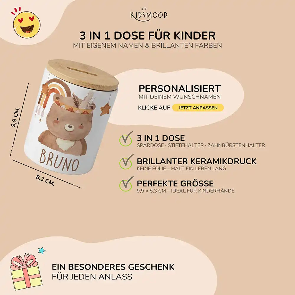Personalisierte Spardose Boho-BĂ€r â Keramik & Bambus mit Wunschname