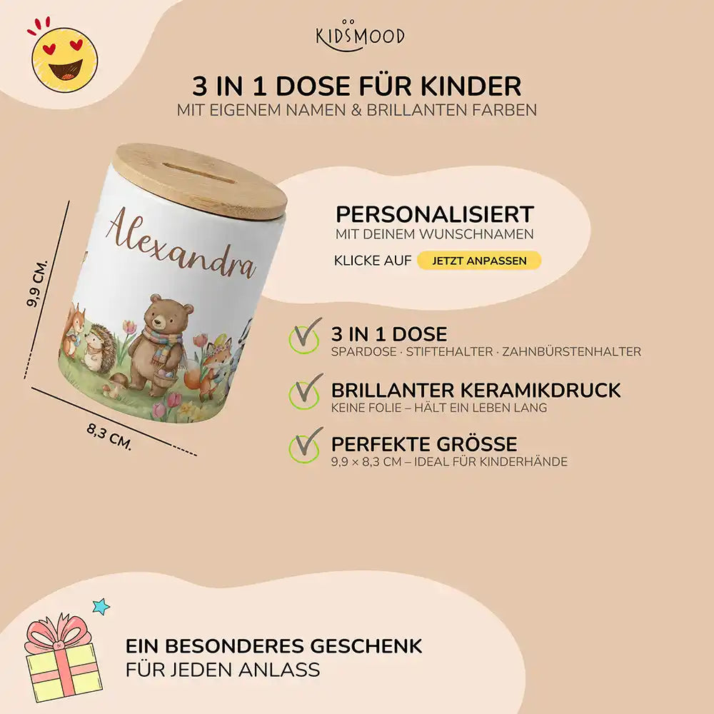 Personalisierte Spardose Ostern Hasen – Keramik & Bambus mit Wunschname