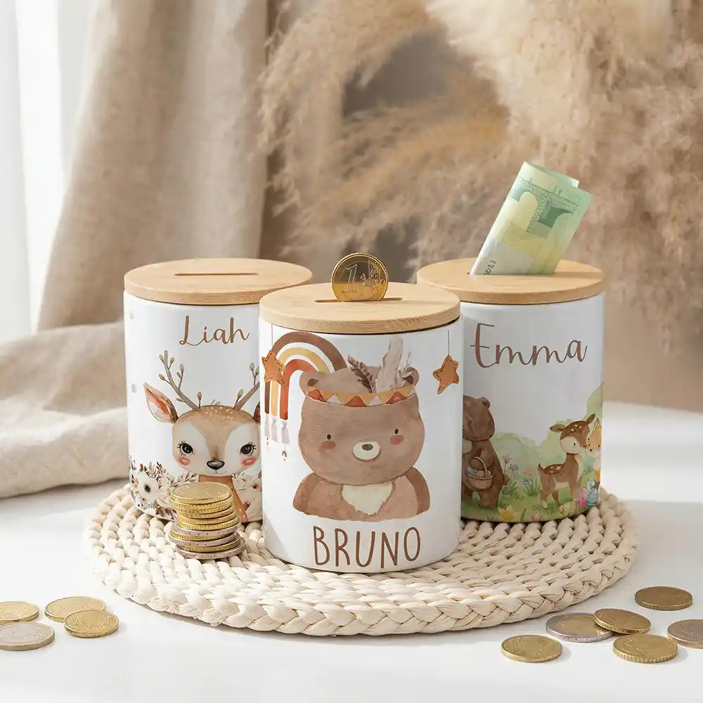 Personalisierte Spardose Boho-BĂ€r â Keramik & Bambus mit Wunschname