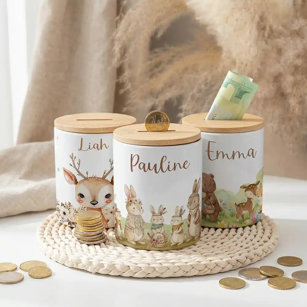 Personalisierte Spardose Boho-Hasen – Keramik & Bambus mit Wunschname