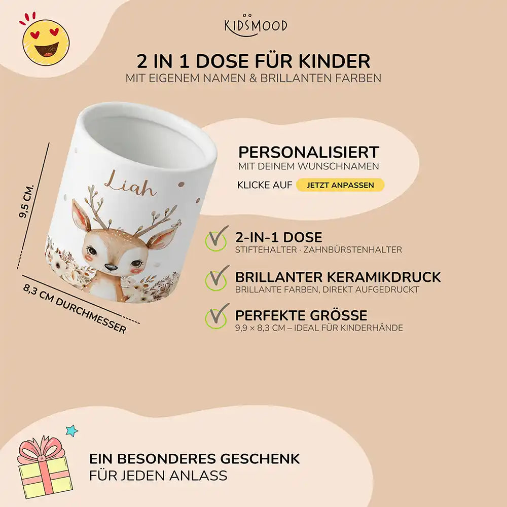 Personalisierter Stiftehalter Rehkitz Zweige - liebevolle Geschenkidee fürs Kinderzimmer