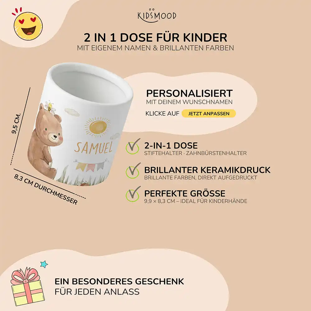 Personalisierter Stiftehalter BĂ€r Sommer - liebevolle Geschenkidee fĂŒrs Kinderzimmer