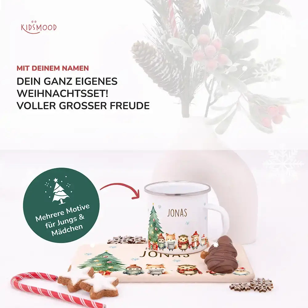 Weihnachts-Set Frühstücksbrettchen und  Emaille Tasse - Fuchs & Häschen-Freunde