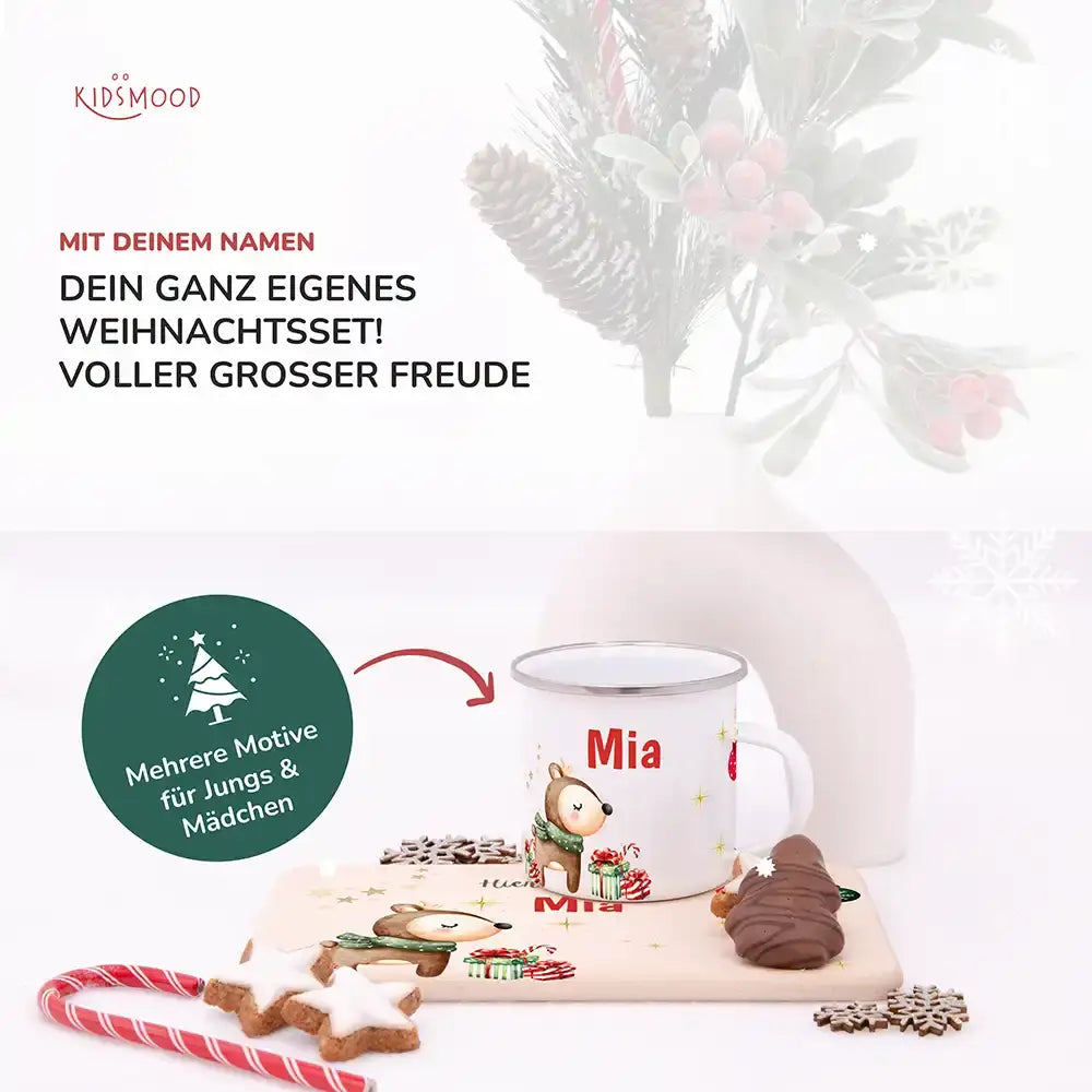 Weihnachts-Set Frühstücksbrettchen + Emaille Tasse - Baby Reh Motiv