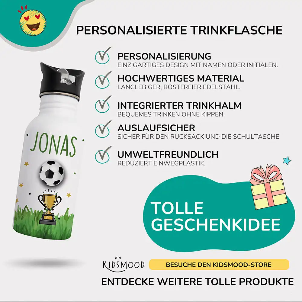 trinkflasche mit trinkhalm und fußball champion motiv