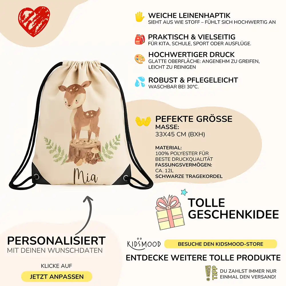 Personalisierter Turnbeutel mit Namen - Reh Waldtiere