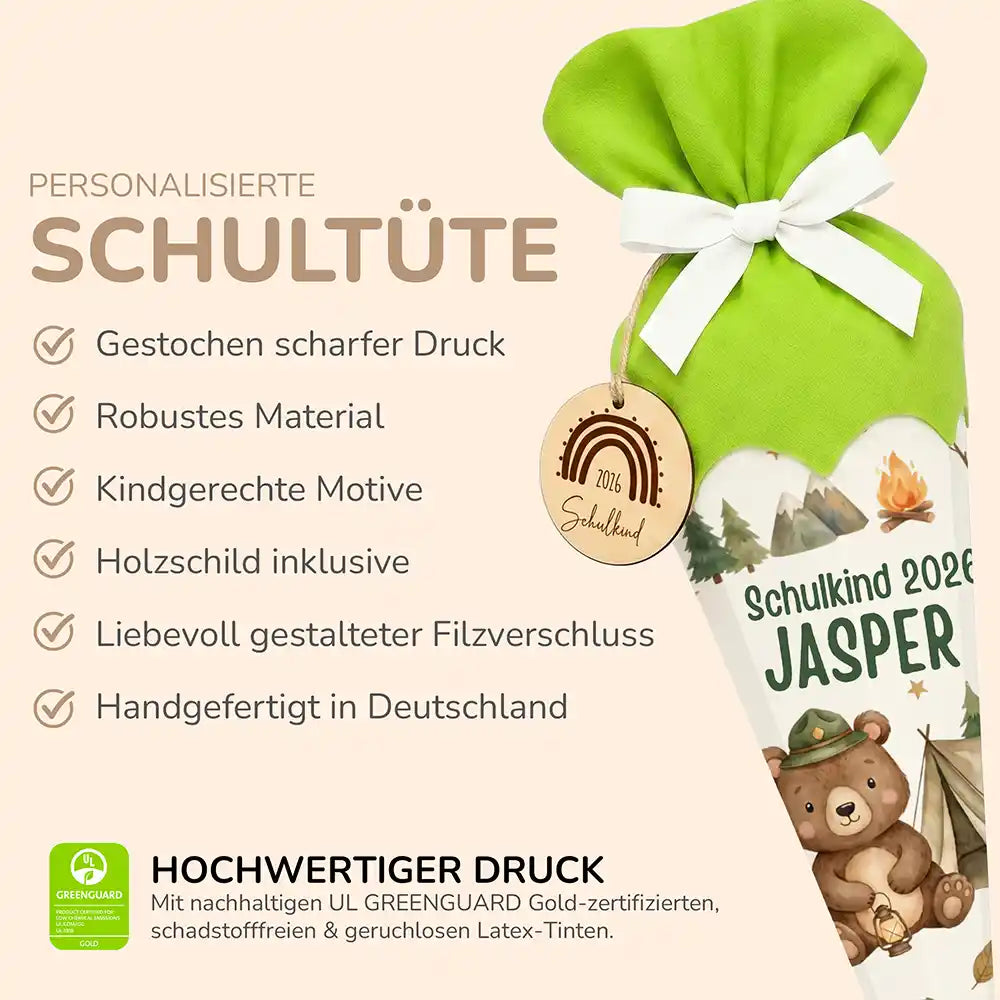 Schultüte personalisiert mit Name Camping-Bär – Produkt-Detail Maße 84×25×25 cm