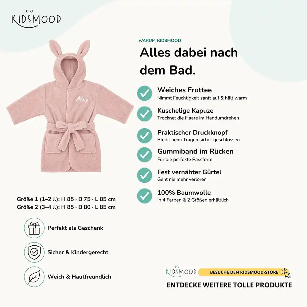 Kinderbademantel mit Namen Jollein Rose, kuschelig weich, ideal nach dem Baden