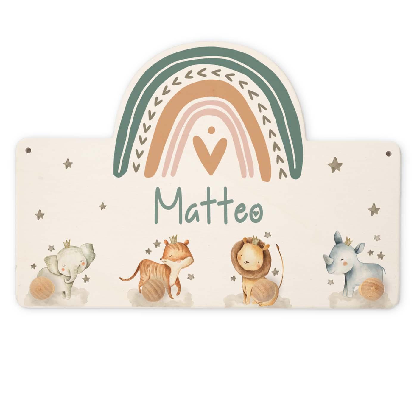 engraved coat rack with rainbow and animal family