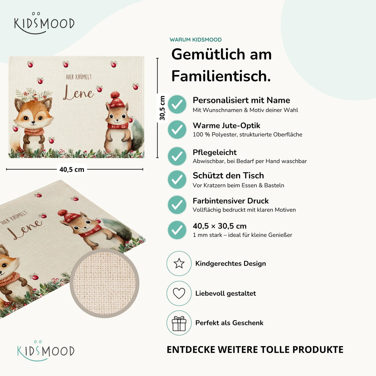 Tischset Kinder personalisiert Weihnachtsmotiv - Tierfreunde im Wald
