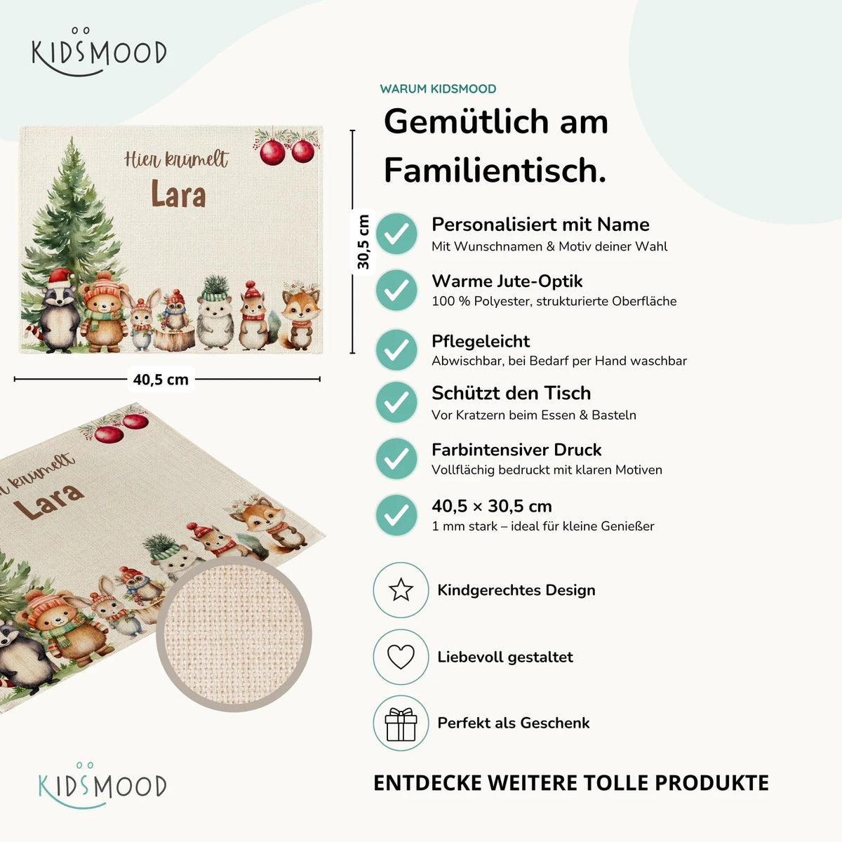 Tischset Kinder personalisiert Weihnachtsmotiv - Tierchen im Zauberwald