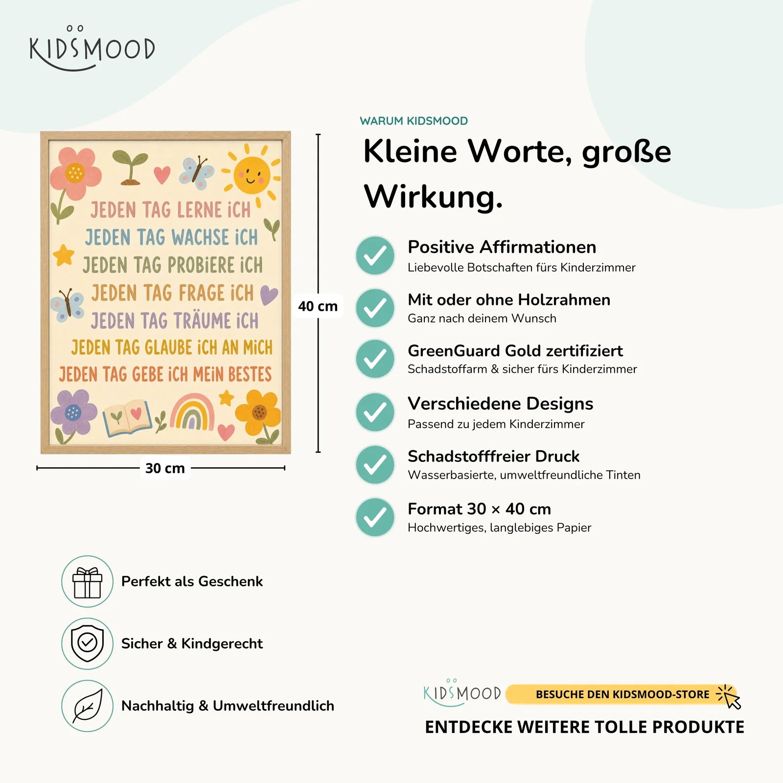 Affirmationsposter Kinderzimmer Blumenwiese Jeden Tag, Hauptbild im Holzrahmen, Format 30 x 40 cm
