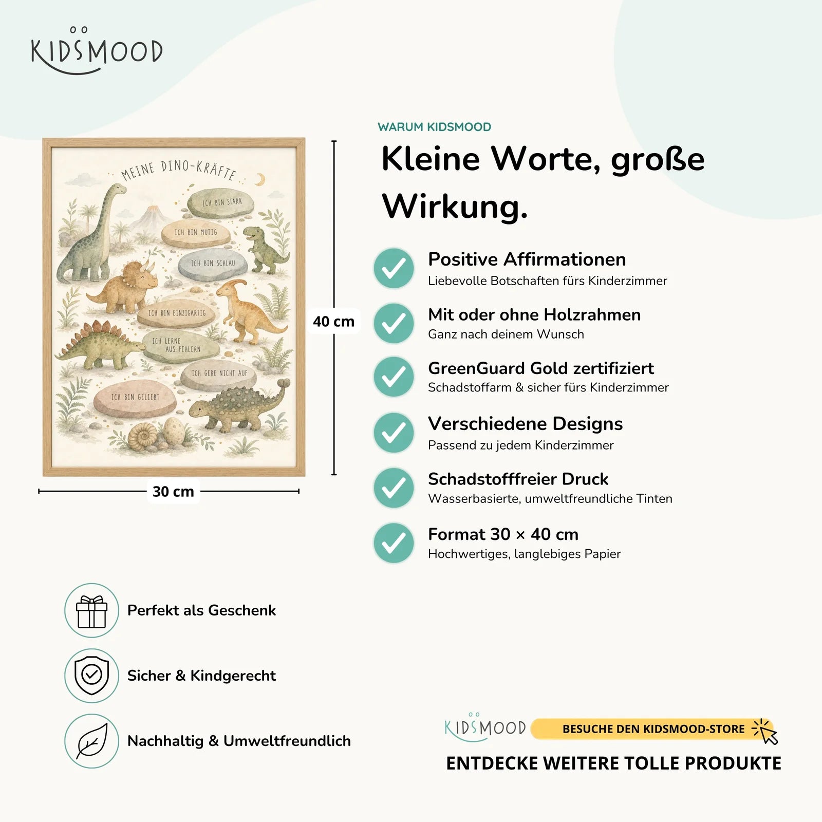 Affirmationsposter Kinderzimmer Dino-Kräfte, Hauptbild im Holzrahmen, Format 30 x 40 cm