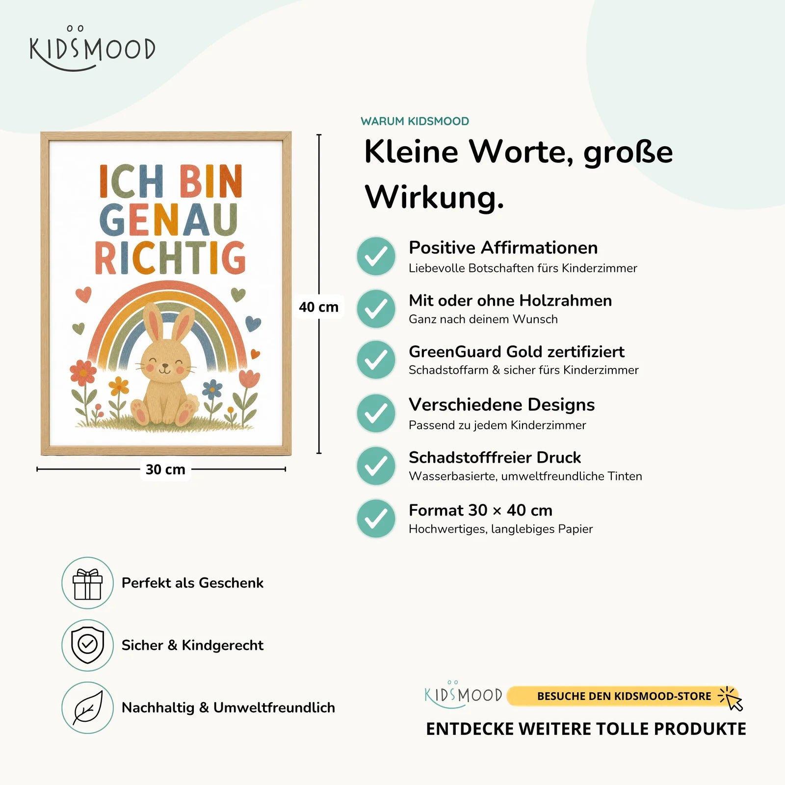 Affirmationsposter Kinderzimmer Hase Ich bin genau richtig, Hauptbild im Holzrahmen, Format 30 x 40 cm