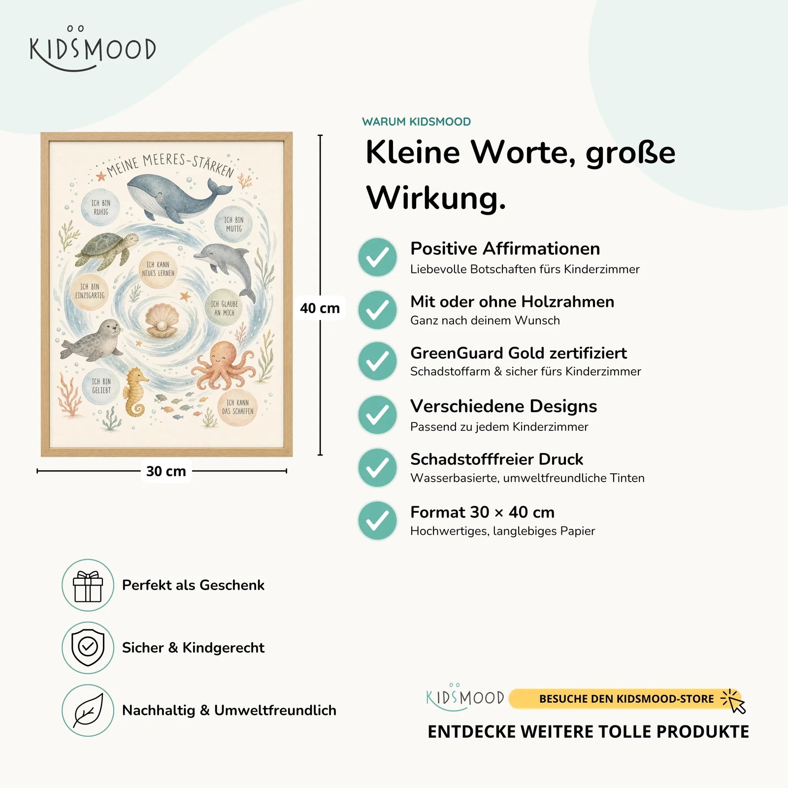 Affirmationsposter Kinderzimmer Meeres-Stärken, Hauptbild im Holzrahmen, Format 30 x 40 cm
