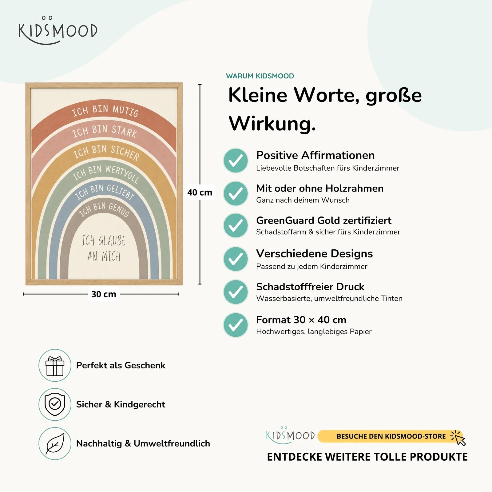 Affirmationsposter Kinderzimmer Regenbogen Creme, Hauptbild im Holzrahmen, Format 30 x 40 cm