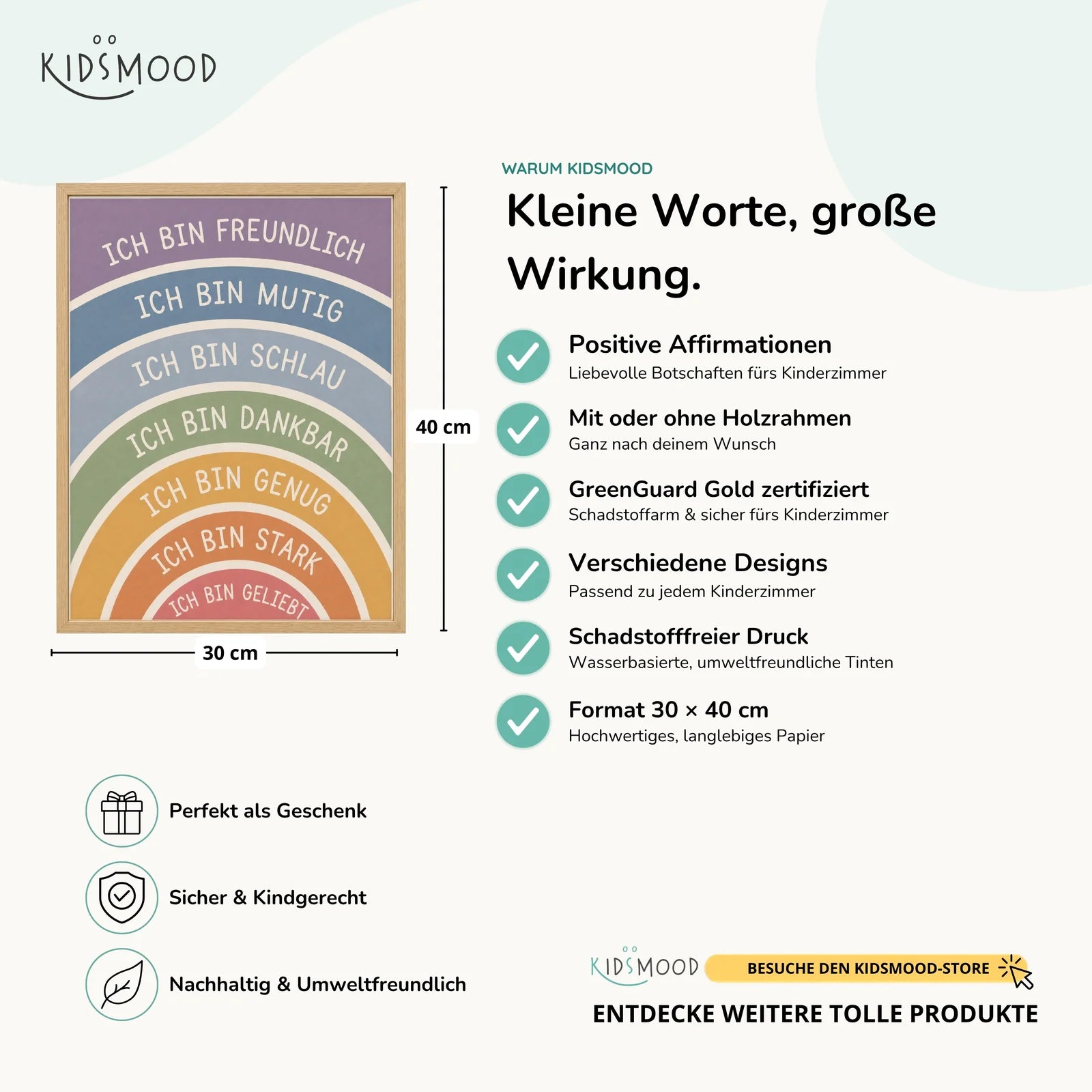 Affirmationsposter Kinderzimmer Regenbogen Ich bin freundlich, Hauptbild im Holzrahmen, Format 30 x 40 cm
