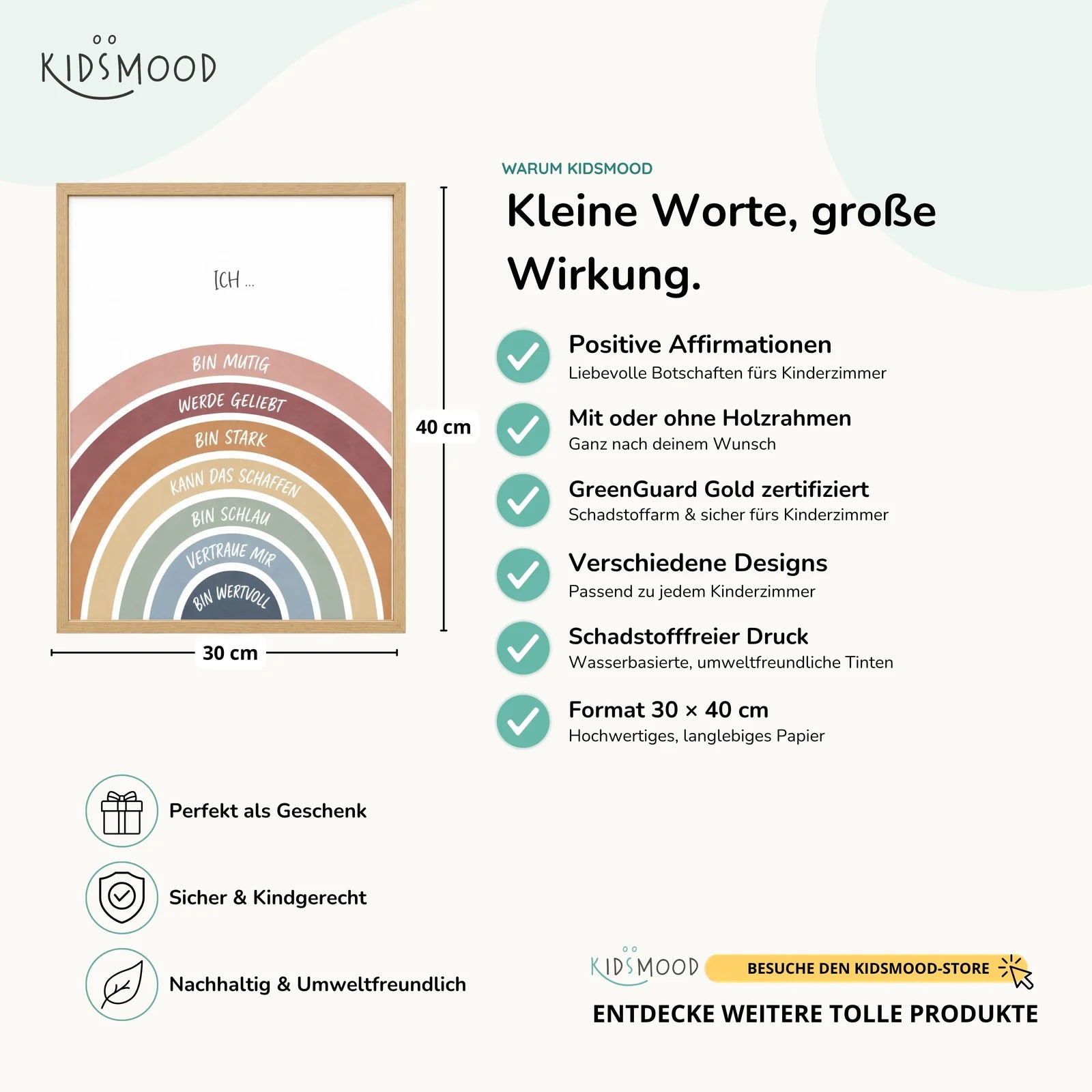 Affirmationsposter Kinderzimmer Regenbogen Ich bin mutig, Hauptbild im Holzrahmen, Format 30 x 40 cm