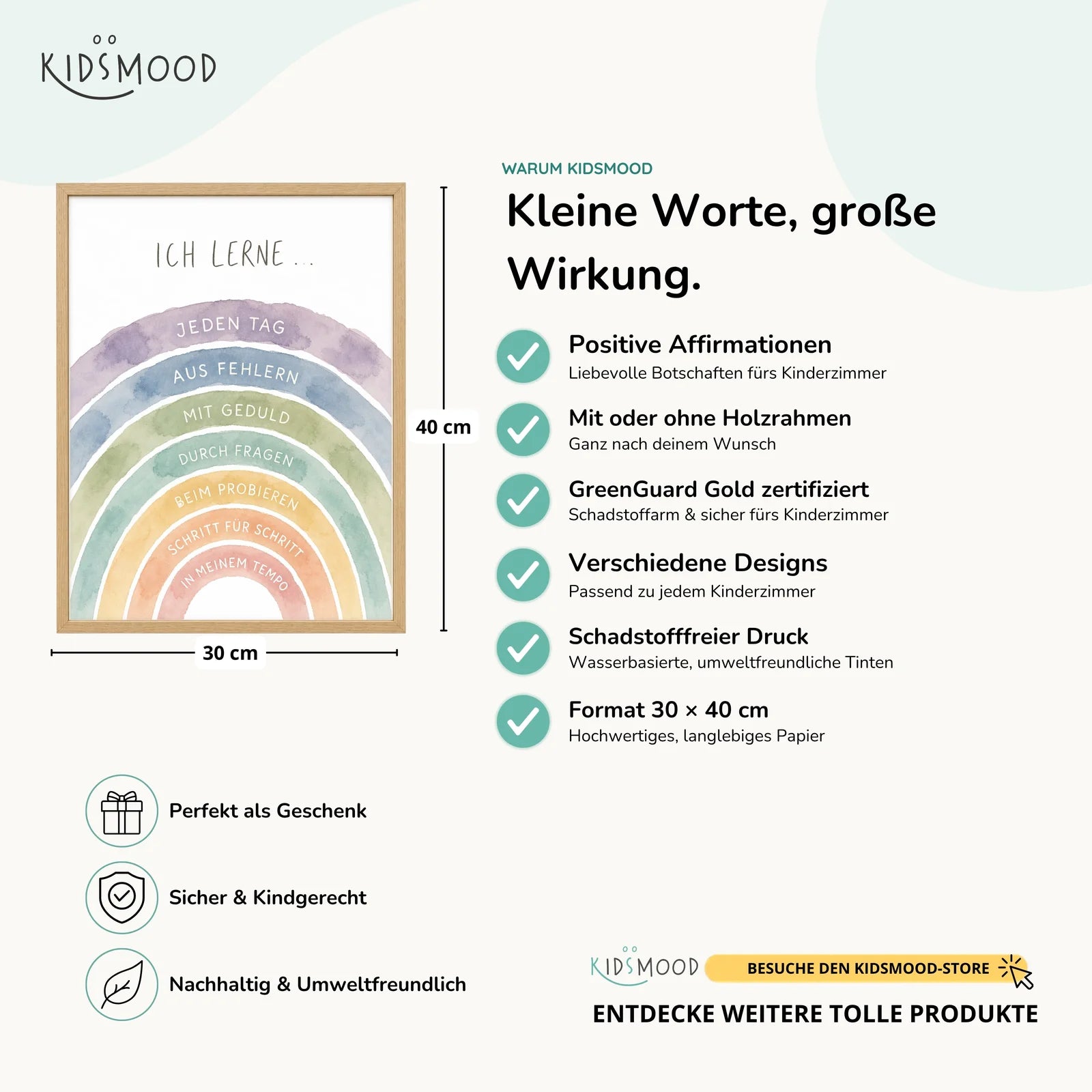 Affirmationsposter Kinderzimmer Regenbogen Ich lerne, Hauptbild im Holzrahmen, Format 30 x 40 cm