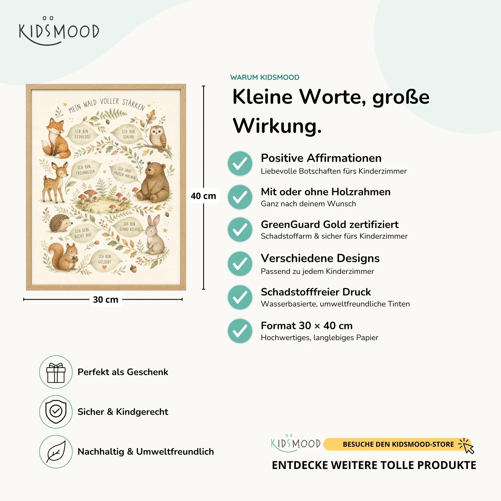 Affirmationsposter Kinderzimmer Wald voller Stärken, Hauptbild im Holzrahmen, Format 30 x 40 cm