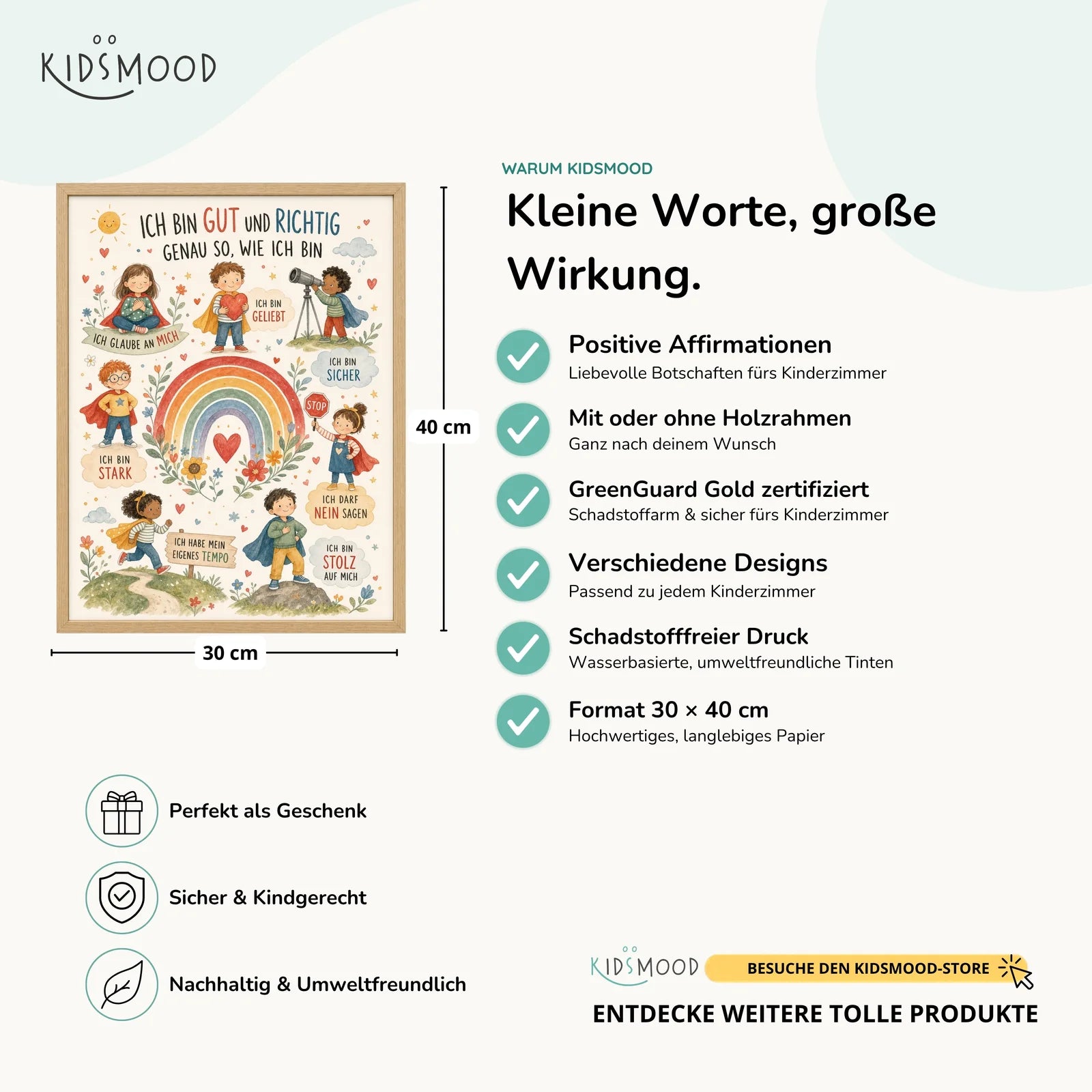 Affirmationsposter Kinderzimmer Wimmelbild Ich bin gut und richtig, Hauptbild im Holzrahmen, Format 30 x 40 cm