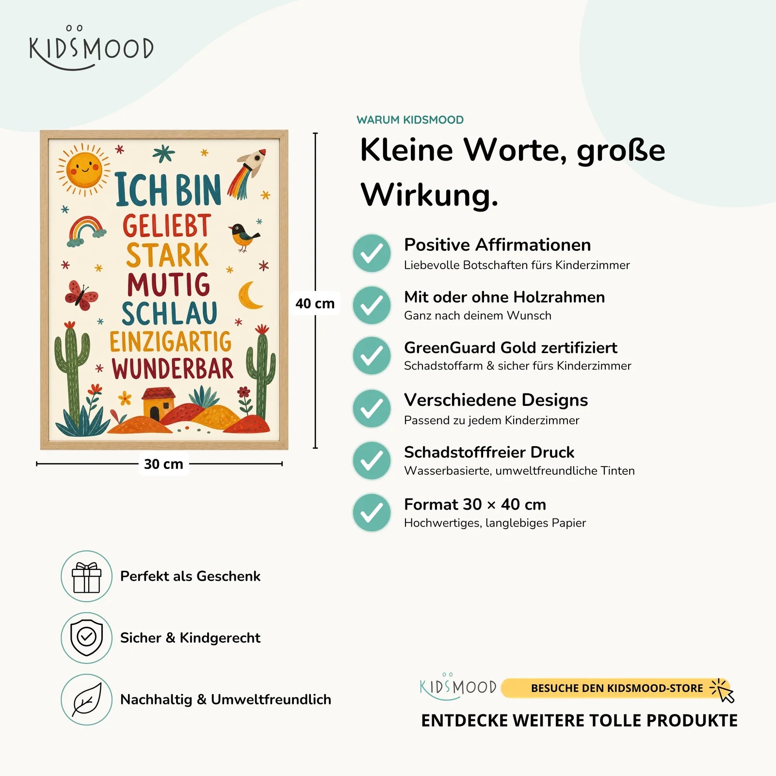 Affirmationsposter Kinderzimmer Wüste Ich bin geliebt, Hauptbild im Holzrahmen, Format 30 x 40 cm