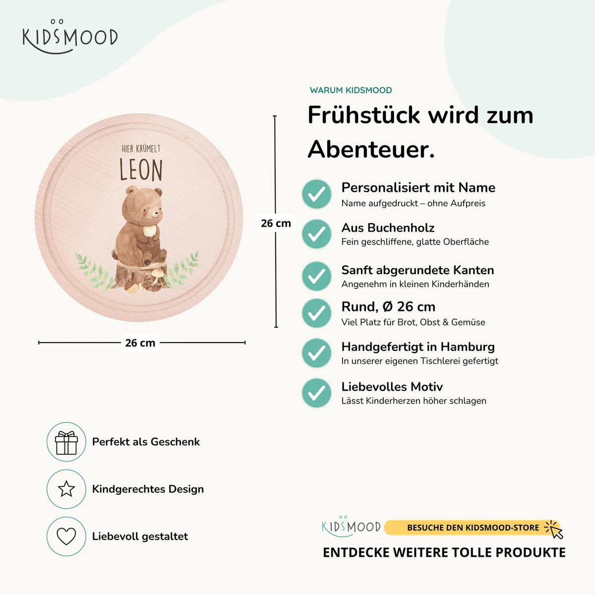 Rundes personalisiertes Frühstücksbrettchen Bär mit Namen für Kinder