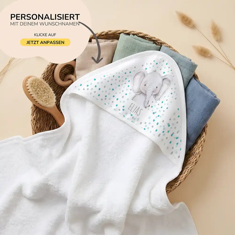 Personalisiertes Kapuzenhandtuch Baby Elefant Konfetti – 80×80 cm Frottee mit Wunschname