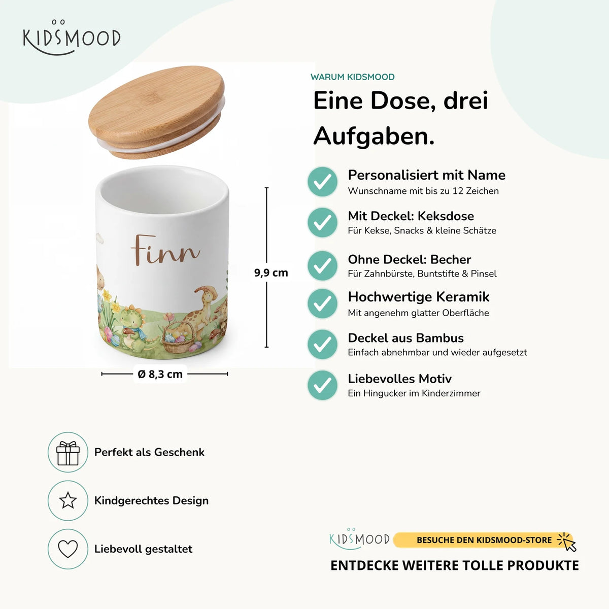 Personalisierte Keksdose Dinos Ostern – Keramik & Bambus mit Wunschname