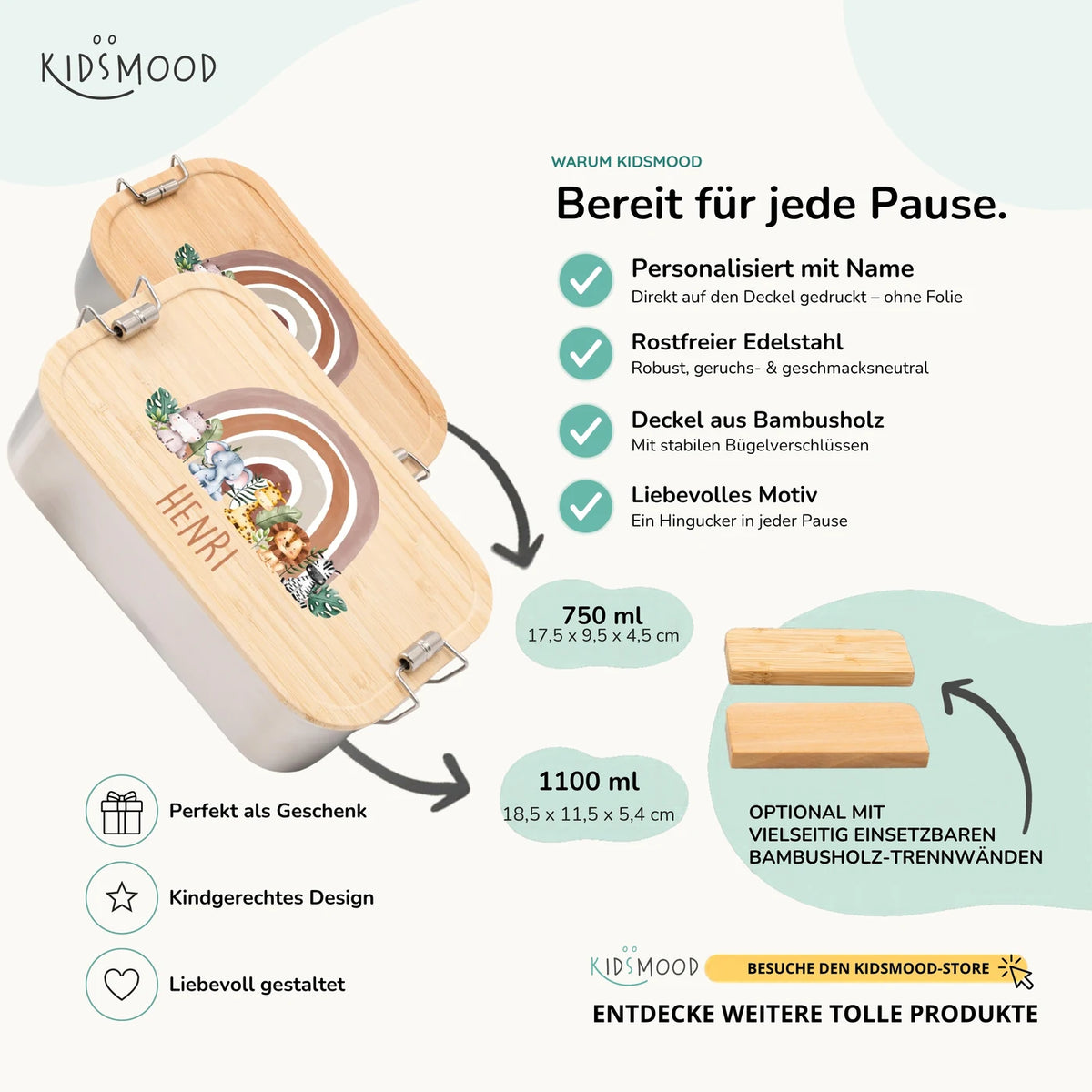 Brotdose Kinder personalisiert - Tierfamilie unter Regenbogen