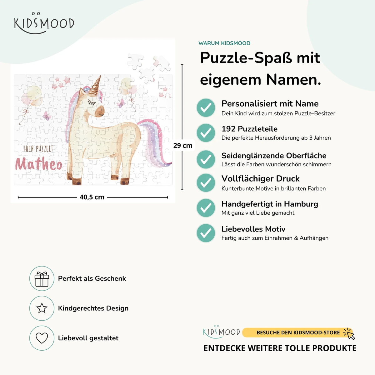 Kinderpuzzle personalisiert mit Namen - Einhorn