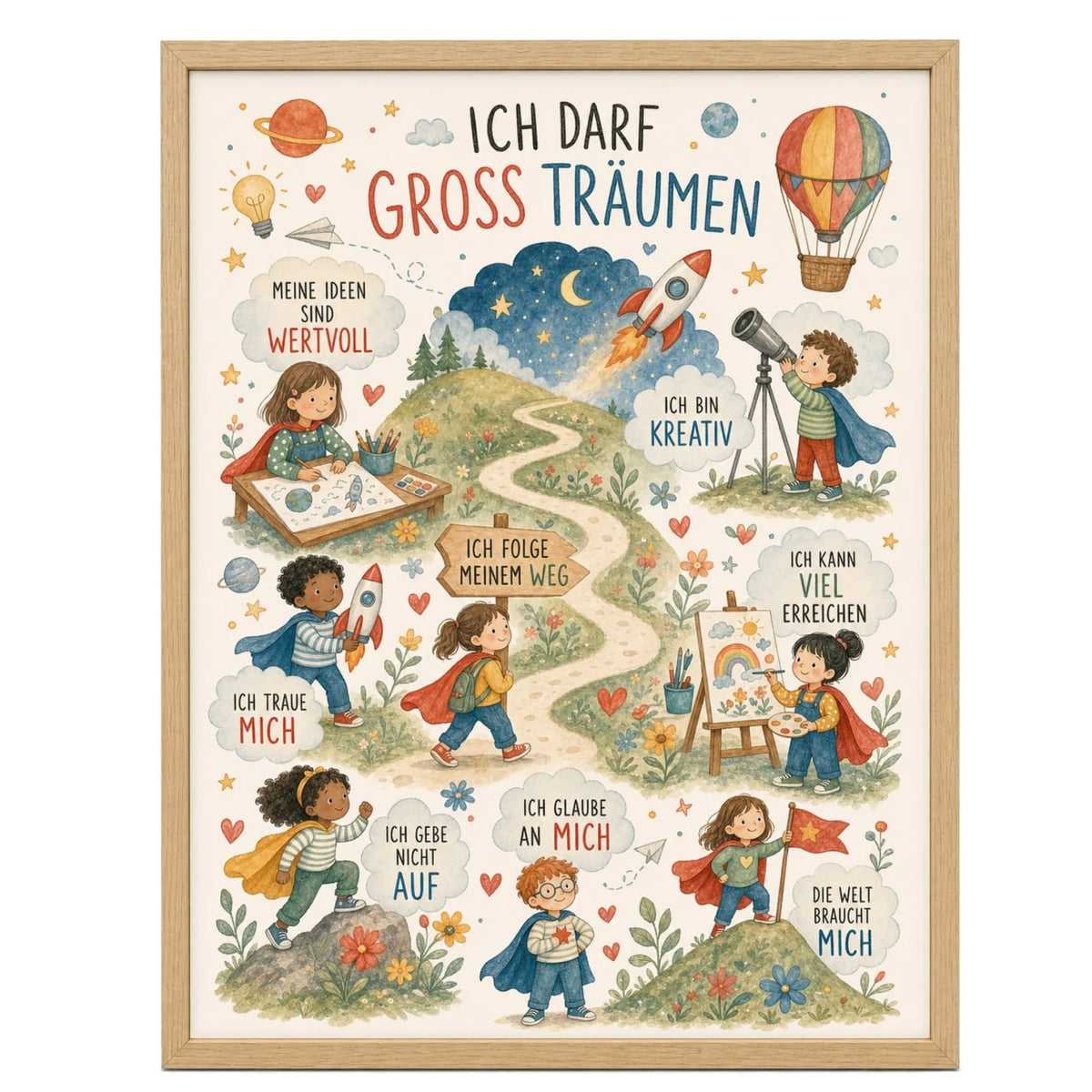 Affirmationsposter „Wimmelbild Groß träumen“ fürs Kinderzimmer – Kinderposter mit positiven Botschaften, 30 × 40 cm