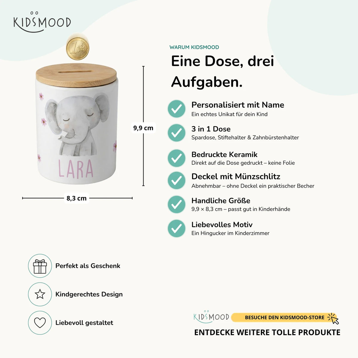 Personalisierte Spardose Elefant Blumen – Keramik & Bambus mit Wunschname