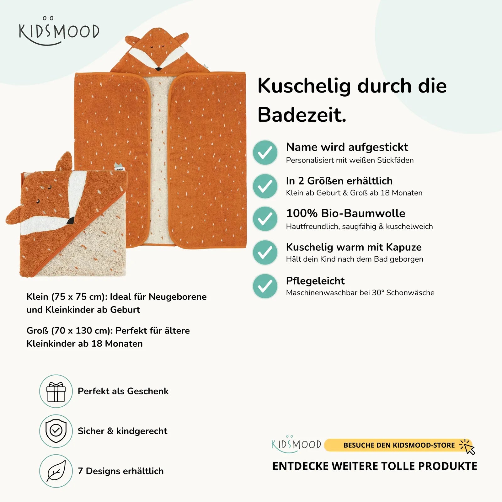 Trixie Kapuzenhandtuch Baby Fuchs, Hauptbild, personalisiert mit Wunschname
