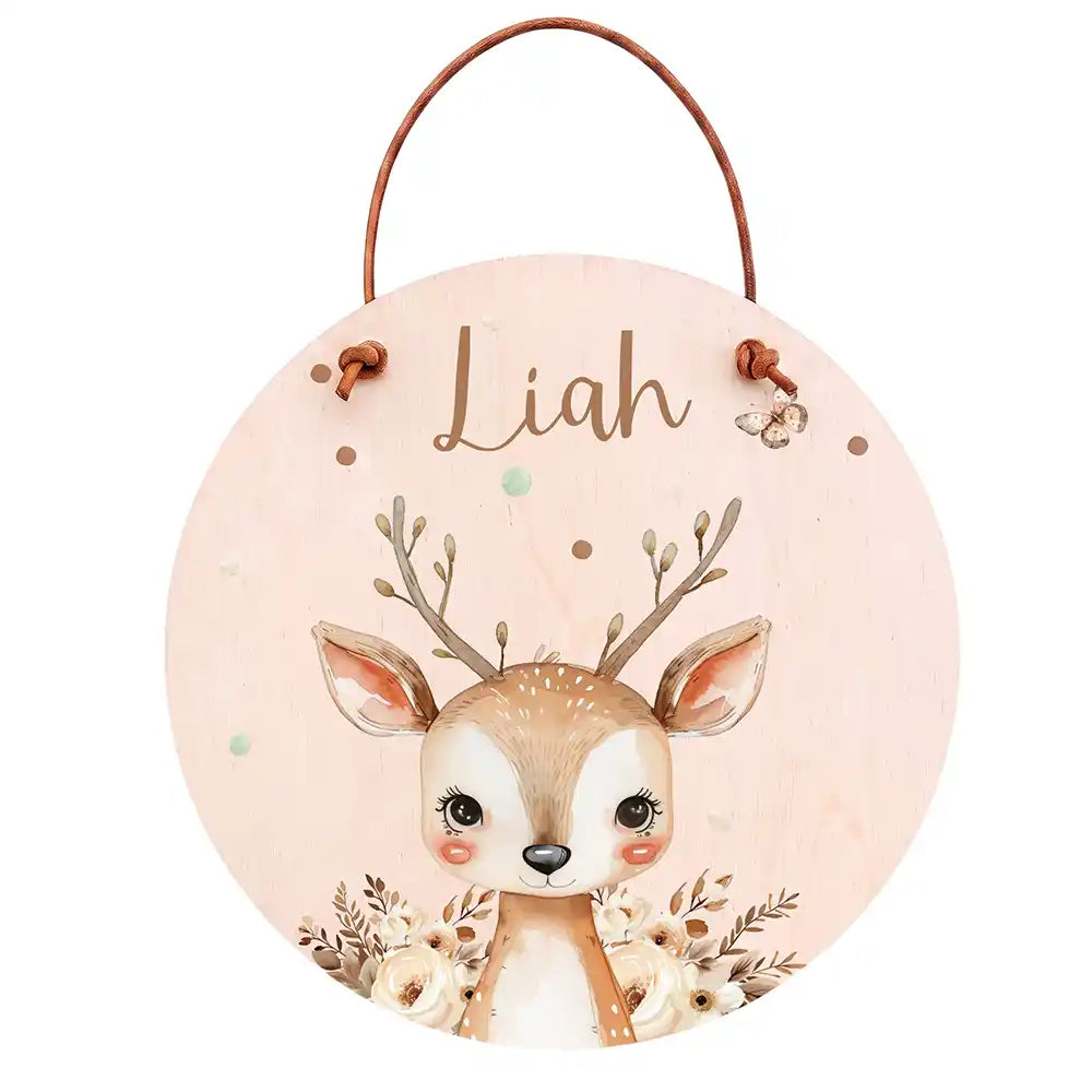 Türschild Kinderzimmer Hirsch mit Blumen, aus Echtholz, personalisiert mit Wunschname