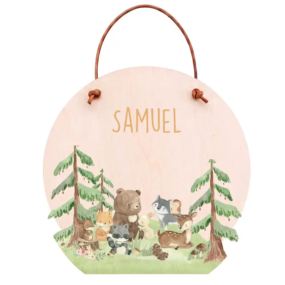 Türschild Kinderzimmer Waldtiere, aus Echtholz, personalisiert mit Wunschname