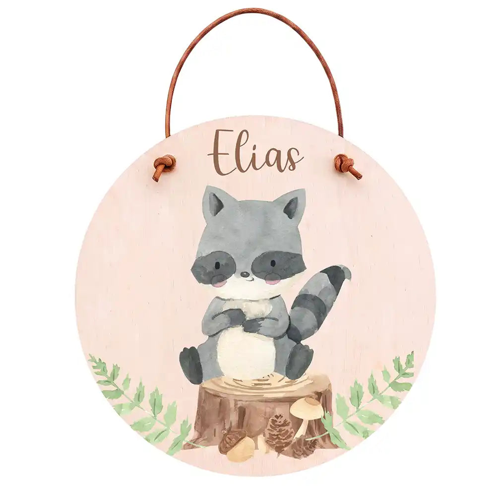 Türschild Kinderzimmer Waschbär im Wald, aus Echtholz, personalisiert mit Wunschname
