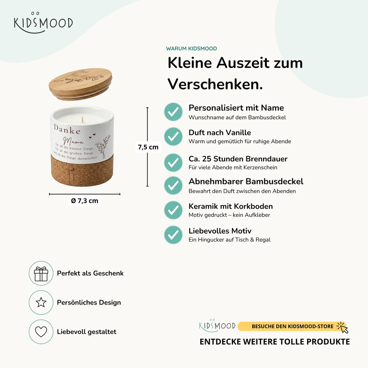 Duftkerze Vanille Keramik – Danke Mama Blumenzweig mit Wunschname