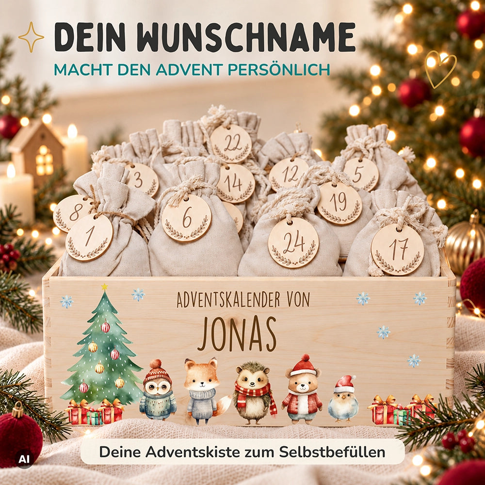 Adventskalender zum Befüllen "Weihnachten mit Tierfreunden" personalisiert
