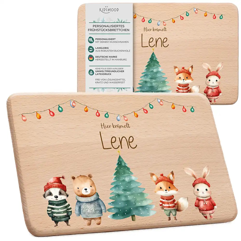Frühstücksbrettchen Weihnachten mit Tieren und Lichterkette - Geschenk Weihnachten