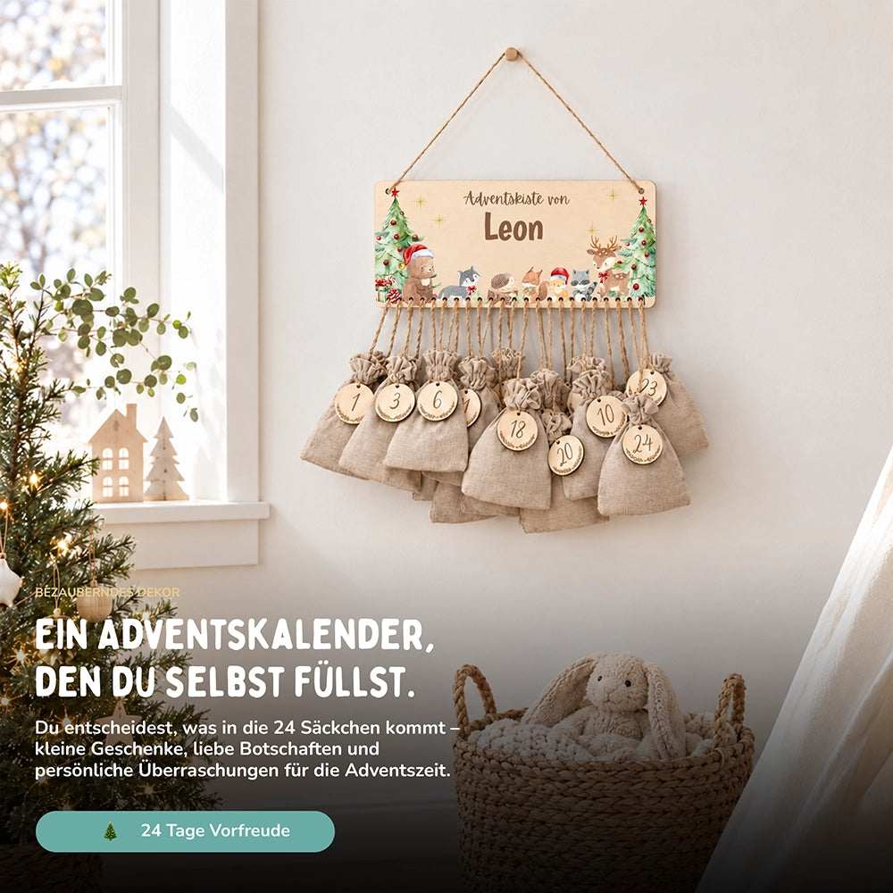 Personalisierbarer Adventskalender farbig - Niedliche Waldtiere Weihnachtsmütze