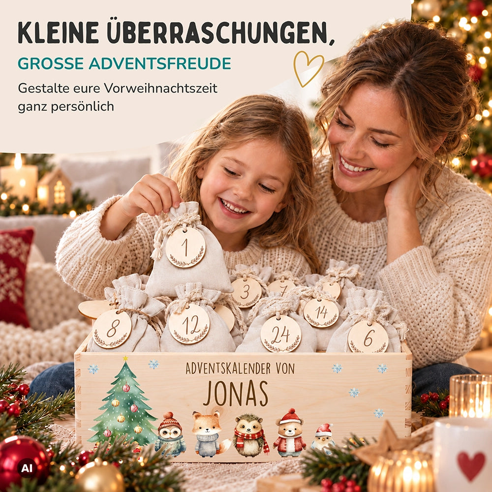 Adventskalender zum Befüllen "Weihnachten mit Tierfreunden" personalisiert