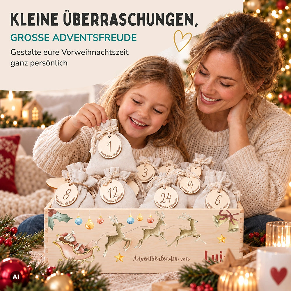 Personalisierter Adventskalender zum Befüllen - Rentier mit Schlitten