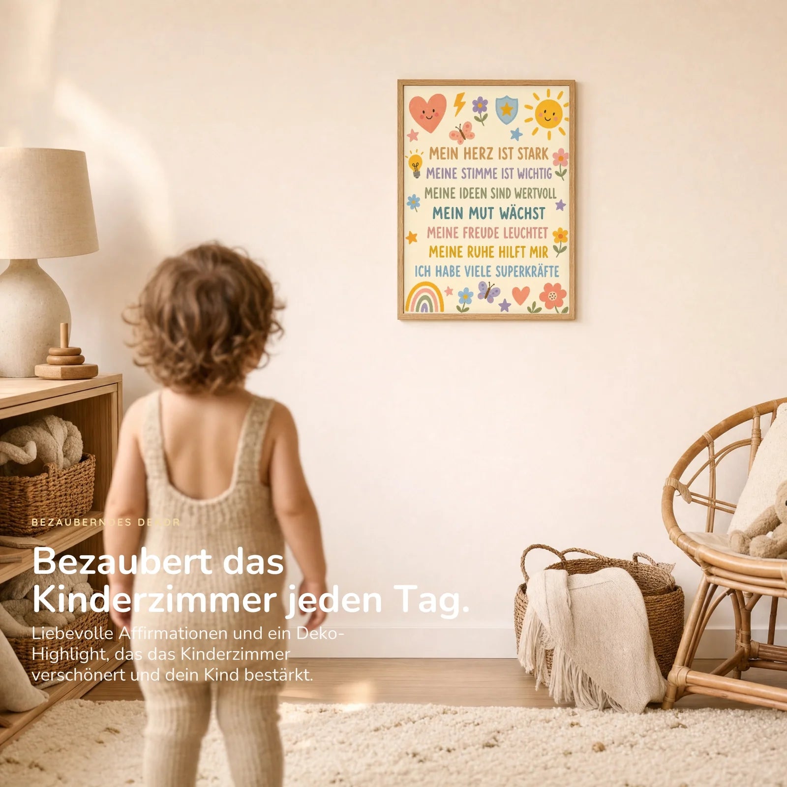 Affirmationsposter Kinderzimmer Blumenwiese Superkräfte, im Kinderzimmer an der Wand