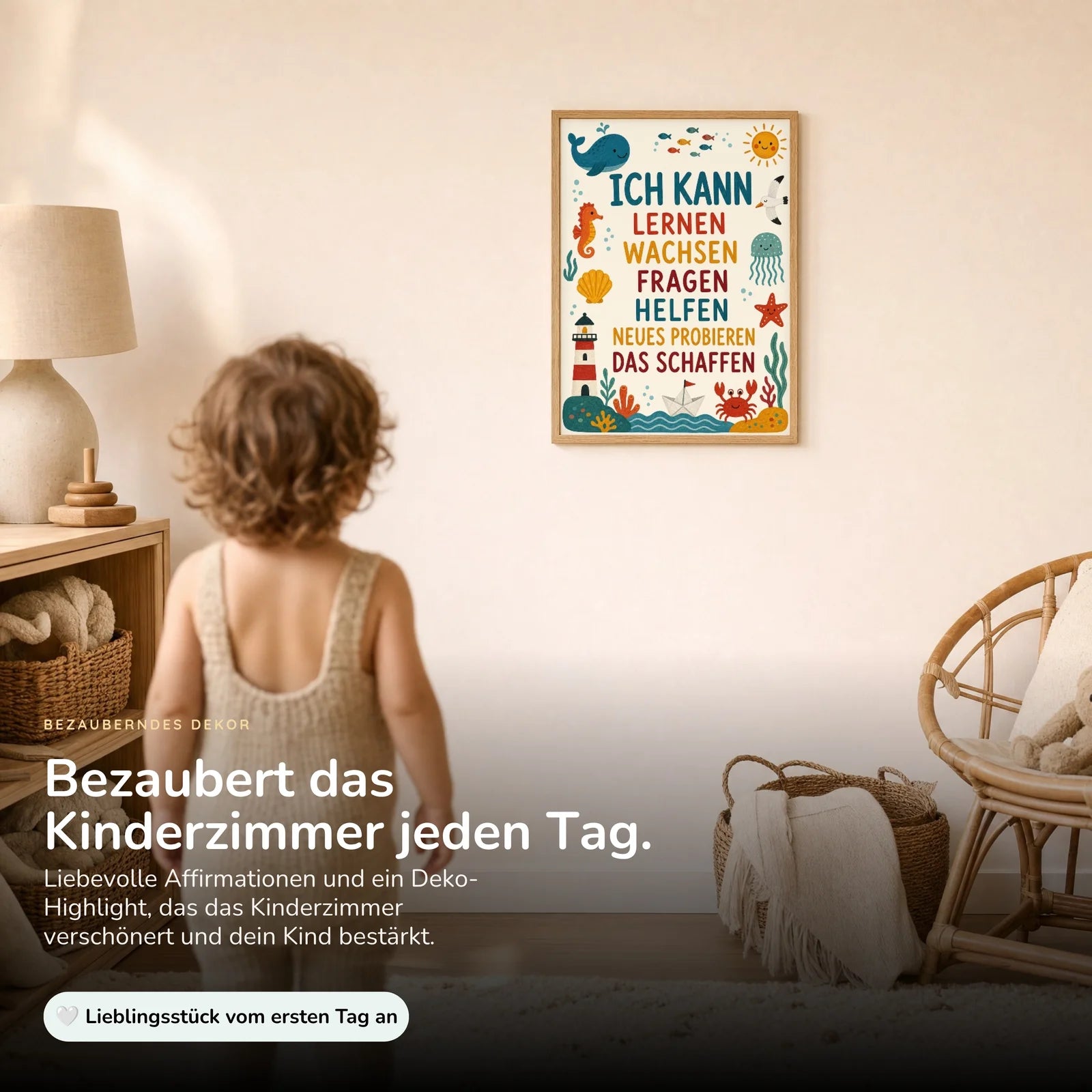 Affirmationsposter Kinderzimmer Meer Ich kann lernen, im Kinderzimmer an der Wand
