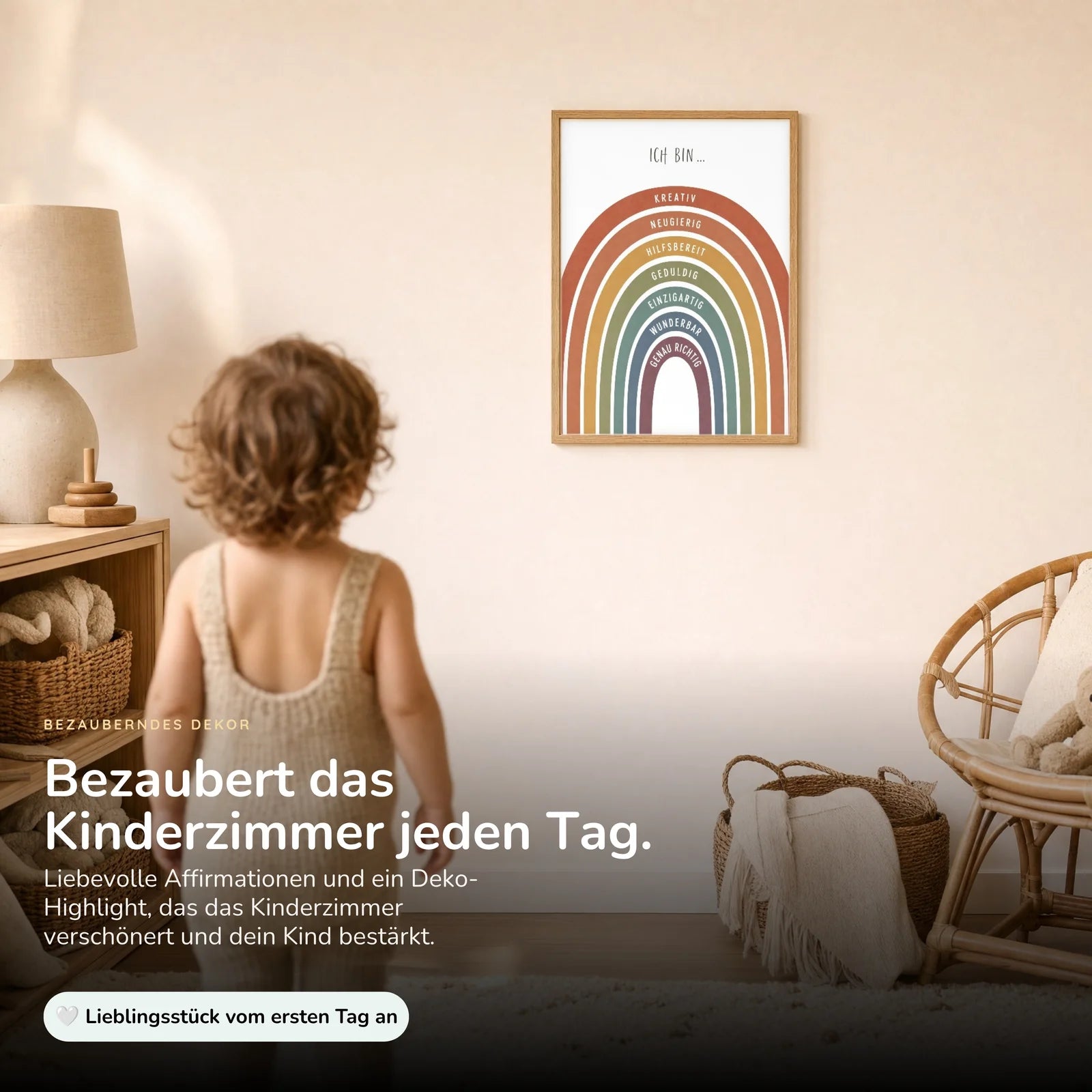 Affirmationsposter Kinderzimmer Regenbogen Terracotta, im Kinderzimmer an der Wand