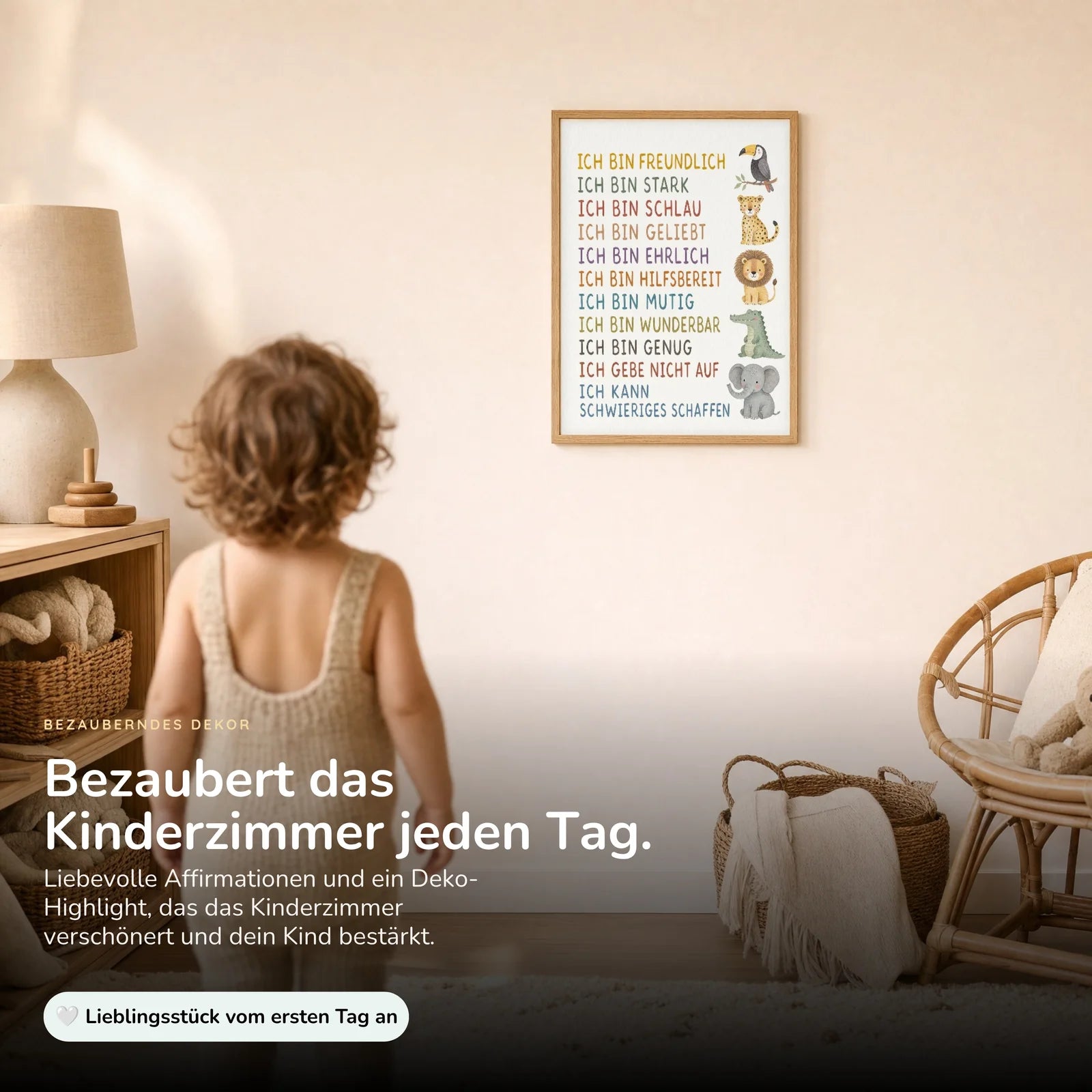 Affirmationsposter Kinderzimmer Safaritiere, im Kinderzimmer an der Wand